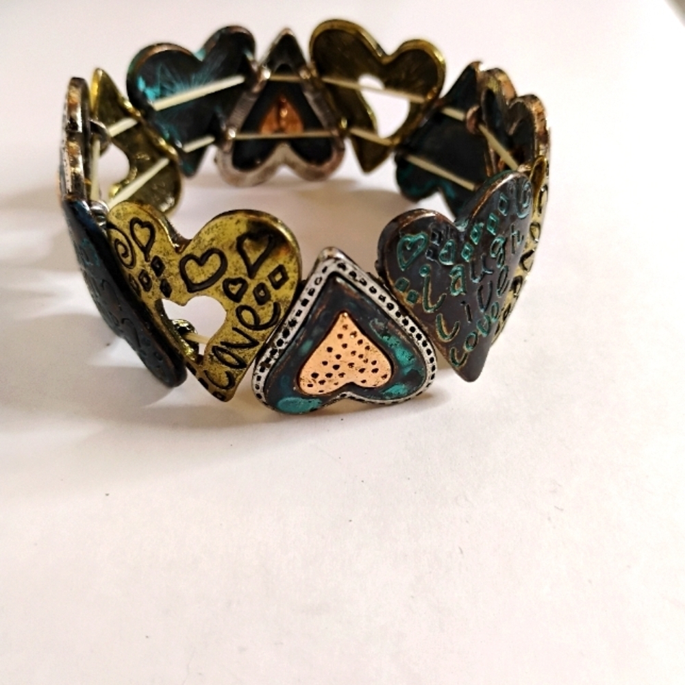 Stretch Heart Antique Gold Tone and Turquoise Color Inspirational Bracelet